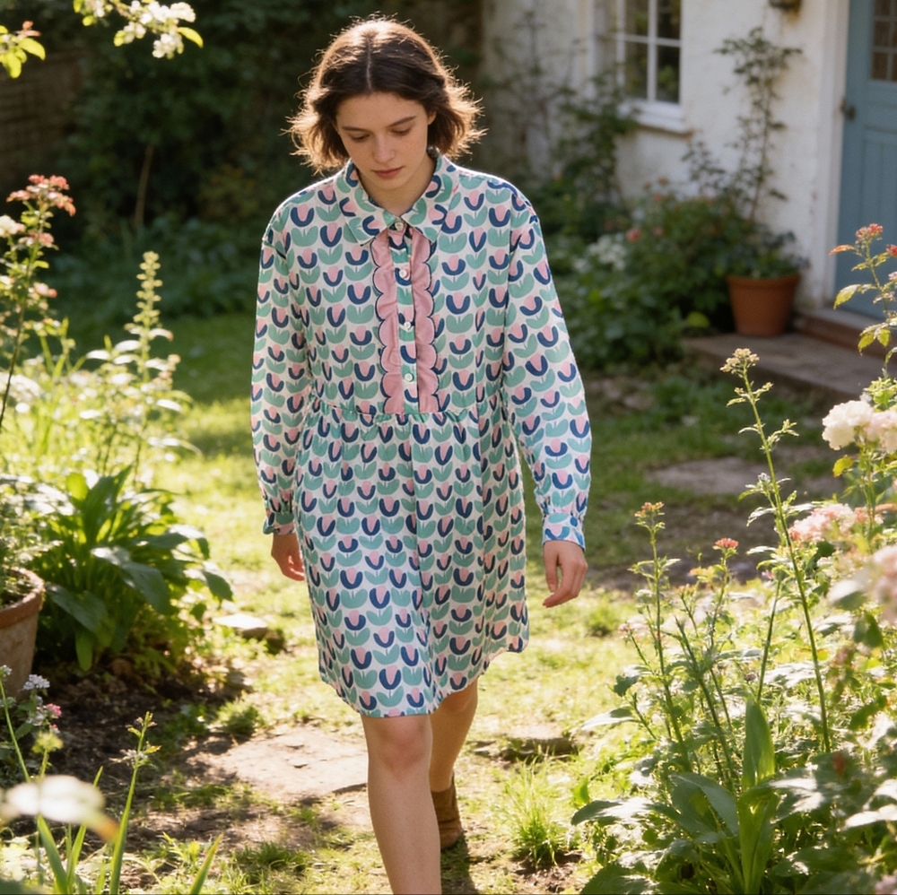 Lovesoft Green Floral Print Notched Neck Scallop Design Long Sleeve Mini Dress